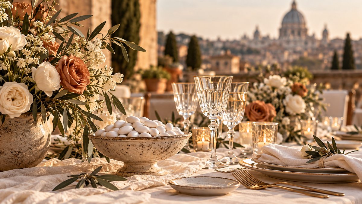 Sugared almonds and understated Italian wedding table details