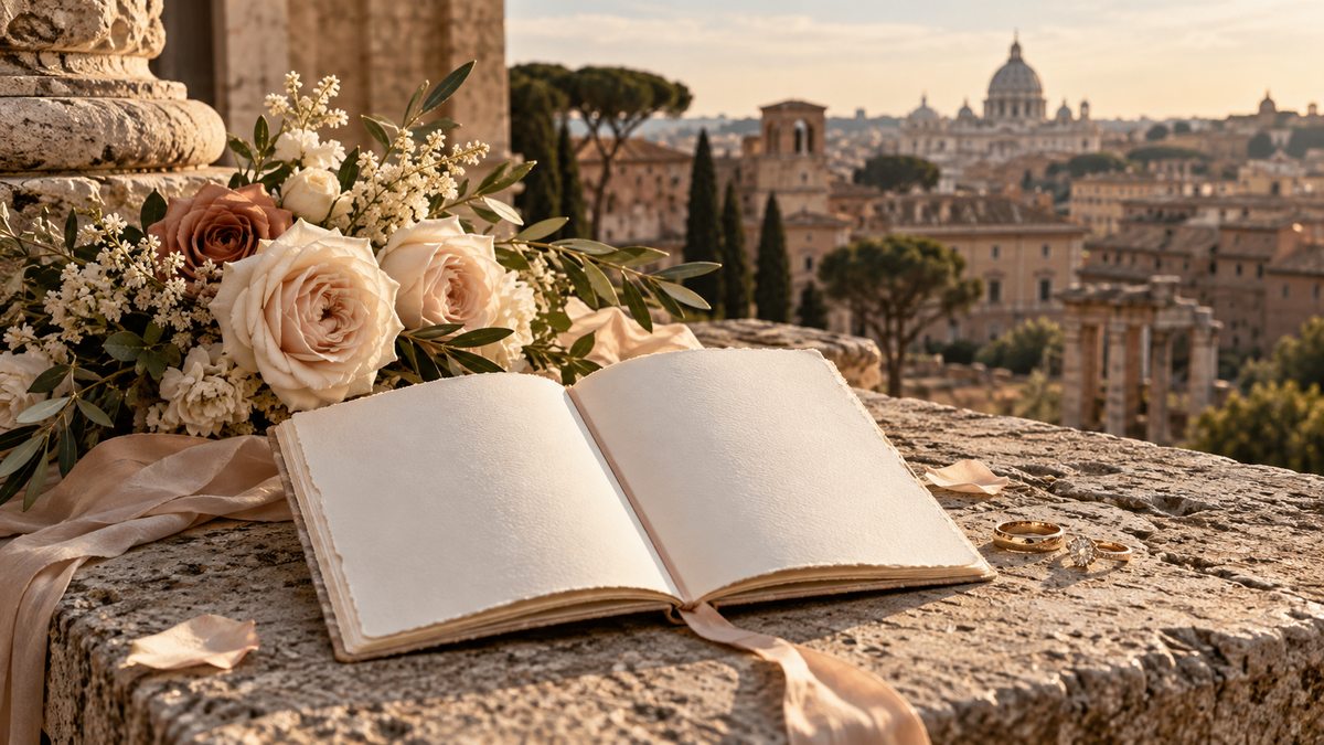 A blank vow booklet with rings and pale roses on stone