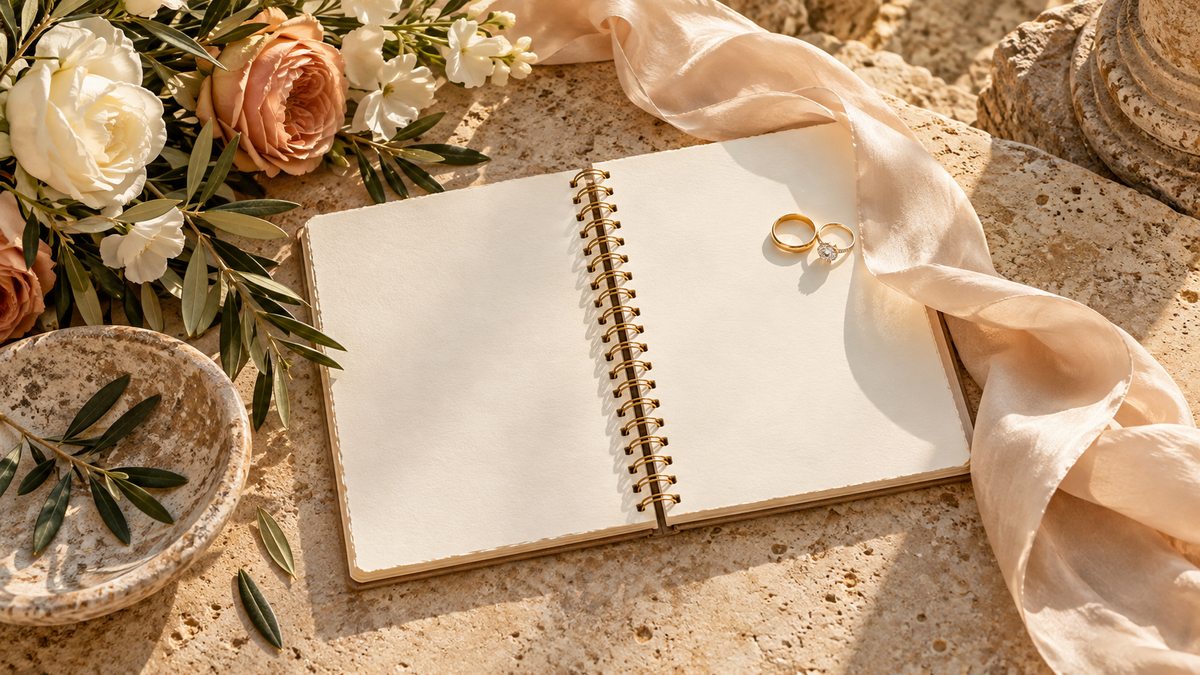 An open blank budget notebook with rings and silk ribbon