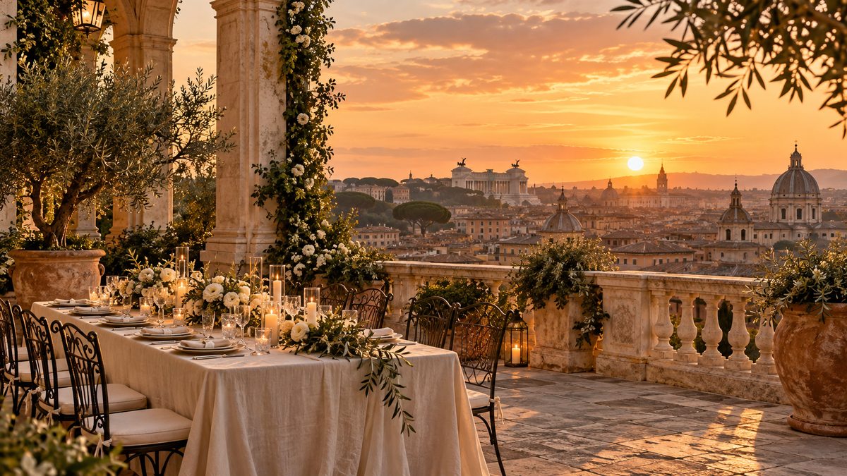 An imagined wedding terrace with ivory tables and a warm Rome-inspired skyline